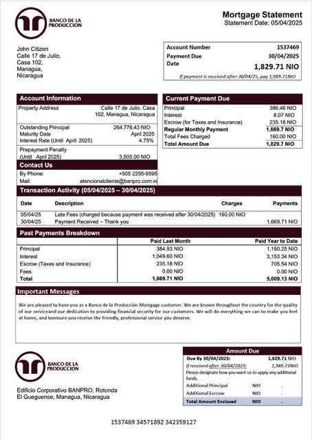Download Nicaragua Banco de la Producción mortgage statement Word and PDF template Photoshop template